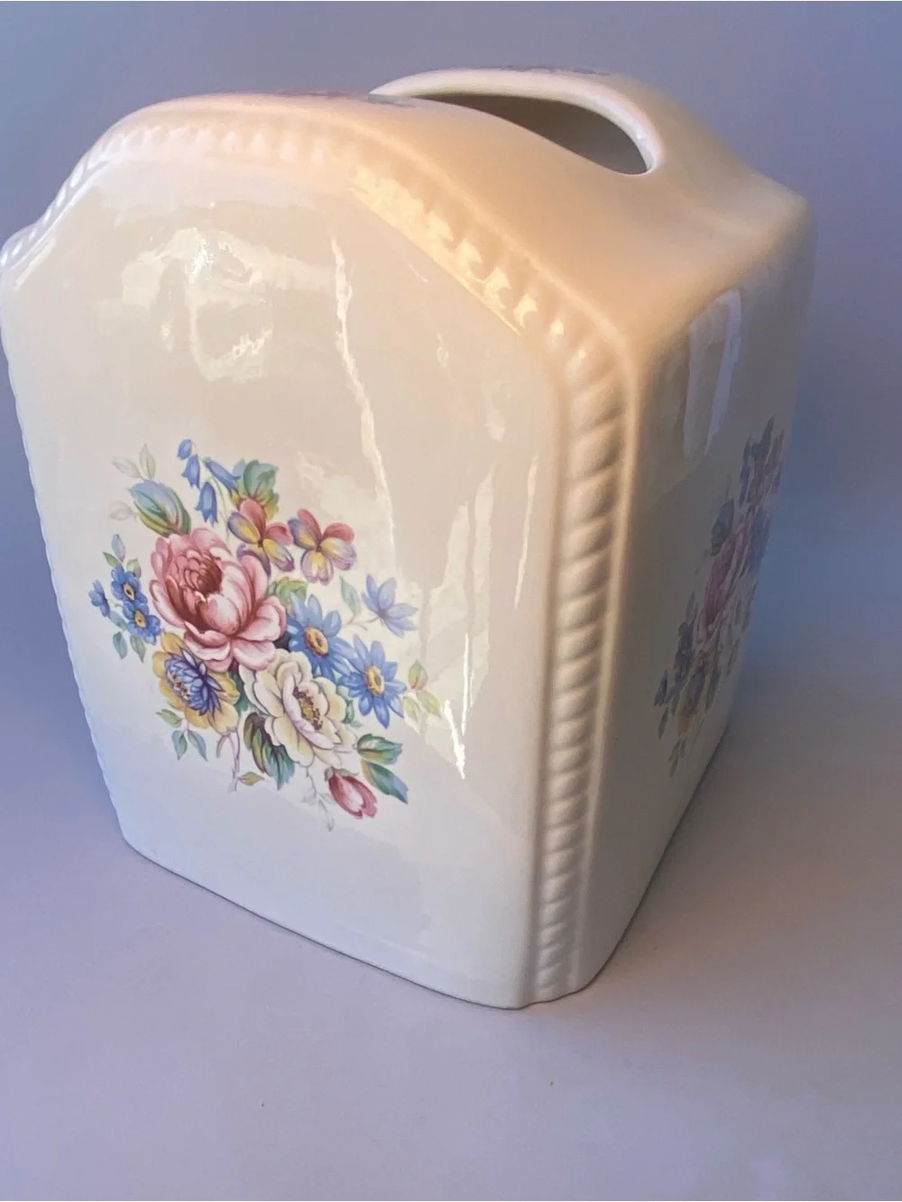 Athena Cream Ceramic Tissue Box Cover with Pink & Blue Floral Bouquet
